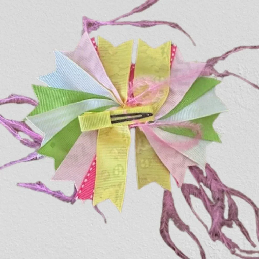 Yellow & Pink Easter Feather Deluxe Bow  5B4516  NWT Boutique